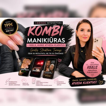 Vizualas skirtas pristatyti 1 dienos mokymus „Viral Meistrė“, kuriuose derinamas kombinuotas manikiūras, gelinis lakavimas ir Reels kūrimas, akcentuojant darbo greitį, struktūrą ir klientų pritraukimą per socialinius tinklus.